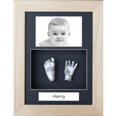 Image of New Baby Handprint Footprint Casting Kit Solid Oak Photo Display Frame/Black 3 Hole Portrait Mount/Metallic Silver Paint by BabyRice
