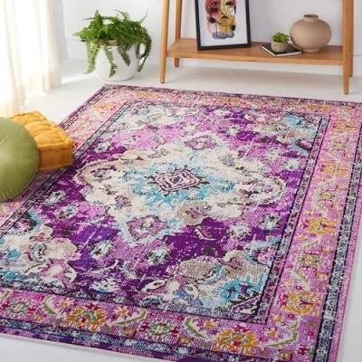 Image of SAFAVIEH Boho Chic Rug for Living Room, Dining Bedroom Monaco Collection, Short Pile, in Violet and Light Blue, 155 X 231 cm