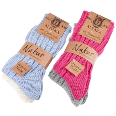 Image of BRUBAKER 4 pairs of 100% alpaca socks winter set for men and women blue pink beige grey size 39 42