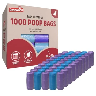 Image of Rosewood Dog Poo Bags with Handles 1000 Easy Clean Up Poop Bags, 50 Refill Rolls of Waste Tie Handles, Vanilla Scented, Made Recycled Plastic