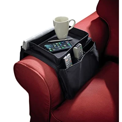 Image of Black Arm Rest Organiser Sofa, Couch or Armchair Caddy with 6 Pockets &amp; Tray for Remote Control, Glasses, Newspaper, Pens, Drink Snacks Measures 54 x 31 4cm