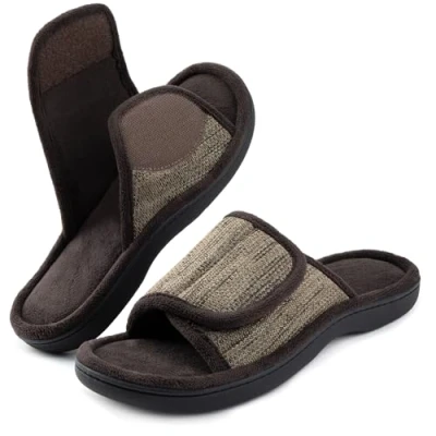 Image of RockDove Men&#039;s Adjustable Wrap Memory Foam Slide Slipper, Size 10/11 UK Men, Coffee