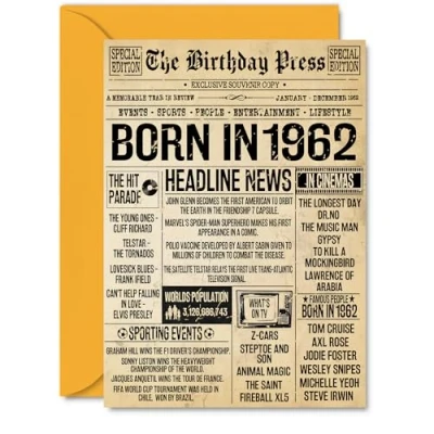 Image of 63rd Birthday Card for Men Women Bday Press Newspaper 1962 Happy 63 Cards Nan Grandma Grandad Dad Brother Neighbour, A5 Greeting