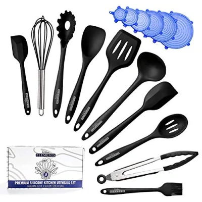 Image of Silicone Kitchen Utensils Set for Cooking &amp; Baking [10 Pieces] with Free of Stretch Lids Spatula, Whisk, Tongs Heat Resistant Non Stick by Elements