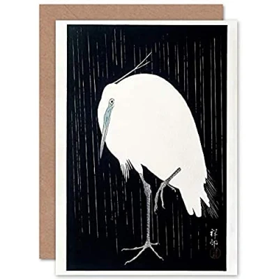 Image of Wee Blue Coo Egret Rain Ohara Koson Greeting Card With Envelope Inside Premium Quality