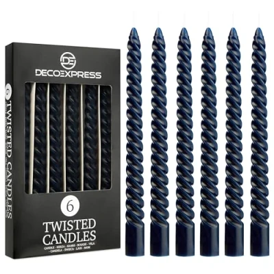 Image of Dinner Candles Pack 3 or 6 Twisted White Red Gold Coloured Spiral Non Drip Long Lasting Hours Burn Scented (Blue, of 6)