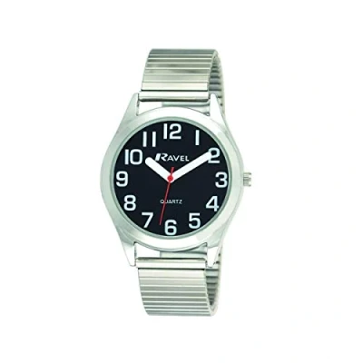 Image of Ravel Unisex Super Bold Sight Aid Watch with Big Numbers on Stainless Steel Expander Bracelet Silver Tone/Black Dial