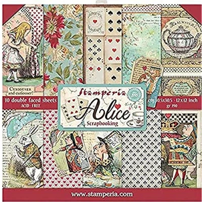 Image of Stamperia International KFT Block 10 Sheets Double Face Alice, Multicoloured, 30.5 x (12&quot; 12&quot;)