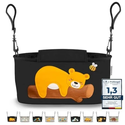 Image of GRINSEZWERGE Pram Organiser 12 Designs with Wet Wipe Dispenser I Bag Shoulder Strap Children&#039;s Buggy Storage Baby Stroller Black Bear