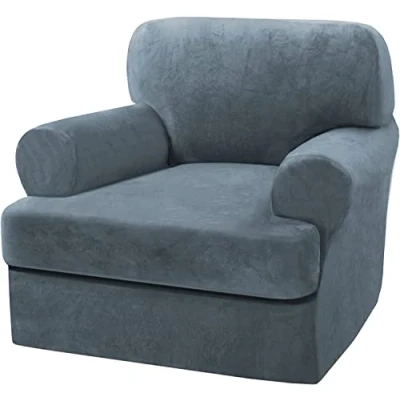 Image of LINGKY Velvet Sofa Covers with Separate T Cushion Ultra Soft Plush Slipcover No Pilling Washable Furniture Protector Elastic Bottom (Stone Blue,1 Armchair)