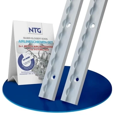 Image of NTG Pack of 2 1 m Aluminium Airline Rail Lashing Square with Holes 1000 mm Includes 10 Pieces Fitting Load Securing for Trailers, Trucks and Motorhomes Silver Anodised