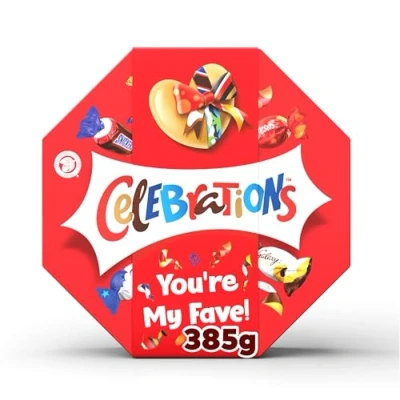 Image of Celebrations Milk Personalised, &#039;You&#039;re my Fave&#039; sleeved Chocolate Gift Box of Mini Chocolates &amp; Biscuit Bars Centerpiece 385g