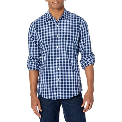 Image of Amazon Essentials Men&#039;s Slim Fit Long Sleeve Poplin Shirt, Navy White Plaid, XL