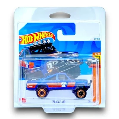 Image of Hot Wheels &#039;73 Jeep J10 (Blue, Black &amp; Red) 4/10 HW Trucks 2024 91/250 (Short Card) COMES IN A GENUINE KLAS CAR KEEPER PROTECTOR CASE HTC31