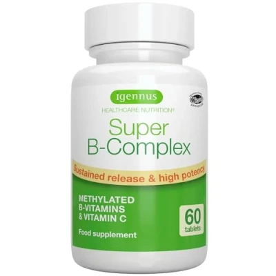 Image of Super B Complex High Absorption Methylated Vitamins, Clean Label, Sustained Release Complete Spectrum of Vitamins with Folate, Boosted B12 &amp; Vitamin C, 60 Tablets, by Igennus