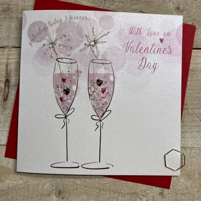 Image of WHITE COTTON CARDS SPARKLER FLUTES VALENTINE CARD, HAND FINISHED (V24 6)