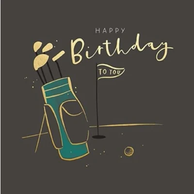 Image of Paperlink Artistic Male Happy Birthday Card Golf Bag and Course For Him From the Vanilla Range Gold Foil Finish