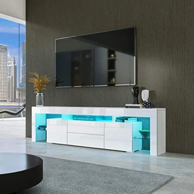 Image of Senvoziii 200cm Modern High Gloss TV Stand Cabinet Unit with 2 Doors Drawers LED Light for Living Room Bedroom Ample Storage Furniture White
