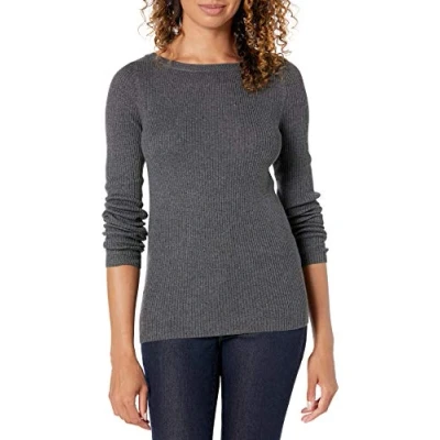 Image of Amazon Essentials Women&#039;s Lightweight Ribbed Long Sleeve Boat Neck Slim Fit Jumper, Charcoal Heather, L