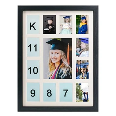 Image of GMFrames School Years Picture Frame K 12 Day Graduation Photo Collage Black with Mat, Displays One 5x7 and Twelve 2.5x3.5 Pictures