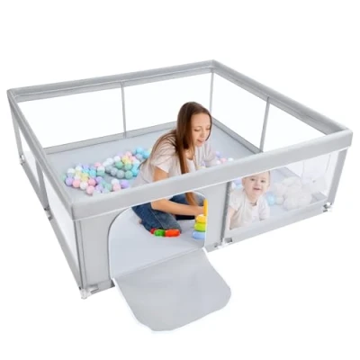 Image of BEJOY Baby Playpen, 150cm Compact and Strong, Foam Protection, Anti slip Safety Play Yard with Transparent Breathable Mesh Round Zipper Door Kids Activity Centre for Toddlers Indoor &amp; Outdoor