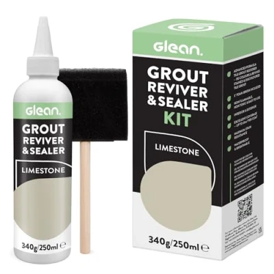 Image of GLEAN Grout Reviver &amp; Sealer LIMESTONE 340g Restore, Repair, Renew Tile Includes Foam Brush Stain Resistant, Breathable Bathroom, Shower Kitchen