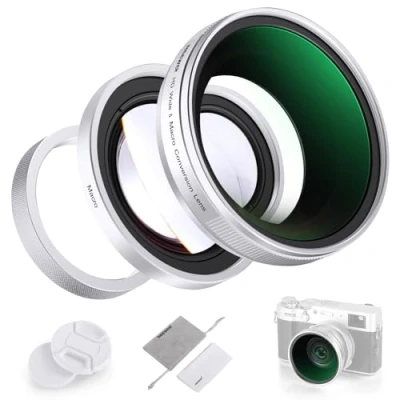 Image of NEEWER 49mm 0.75x Wide Angle &amp; 1.4x Macro Additional Lens for X100 Series Cameras, HD 2 in 1 with Adapter Ring Fujifilm X100S X100F X100T X100V X100VI Cameras (Silver Frame), LS 47