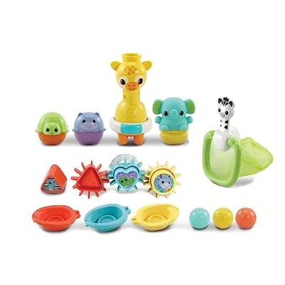 Image of VTech 6 in 1 Bath Set, Bathtub Toy with 10+ Accessories Including Stacking &amp; Linking Boats, Shape Sorter, Colourful Balls, Time Gift for Babies Infants 0, 6, 12 months +, English version