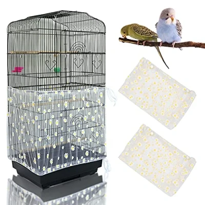 Image of Yepper 2Pcs Adjustable Bird Cage Cover, Seed Catcher, Soft Nylon Mesh Net with Daisy Pattern, Birdcage Cover Skirt Guard for Parrot Parakeet Macaw Round Square Cages (White)