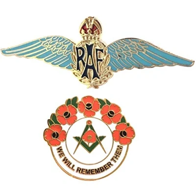 Image of Smartbadge® MOD Approved RAF Royal Air Force Sweetheart Wings Blue Brooch And Masonic We Will Remember Hard Enamel Lapel Pin Badge