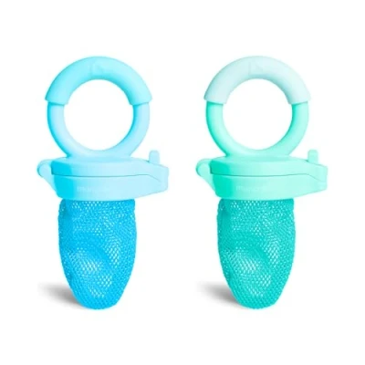 Image of Munchkin Baby Food Feeder 2 Pack Great for Travel Mesh Pouch Puree Foods Self Feeding Weaning Essentials BPA Free 4 Months+ Blue &amp; Green