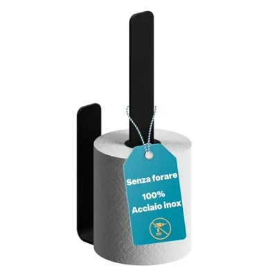 Image of WEISSENSTEIN Spare Toilet Paper Holder Self Adhesive Vertical Wall Mounted Stainless Steel Black