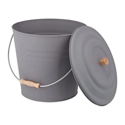 Image of Relaxdays Ash Bucket with Lid, 90% steel 10% wood, Grey, 32x35.5x33 cm