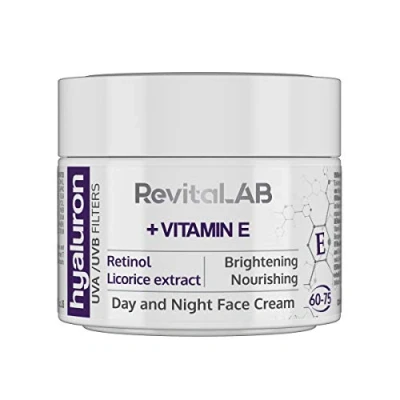 Image of RevitaLAB Hyaluron Anti Ageing Day and Night Cream, Enriched with Vitamin A (Retinol) E, Liquorice Root Extract, Hyaluronic Acid UV Filters, for Ages 60 75, 50 ml