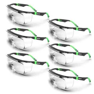 Image of DEX Fit Safety Over Glasses SG210 OTG; Your Eyewear, Z87 Eye Protection, Fog &amp; Scratch Resistant, Adjustable for Women Men, UV Protective (Black Green Frame, Clear Lens, Pack of 6)