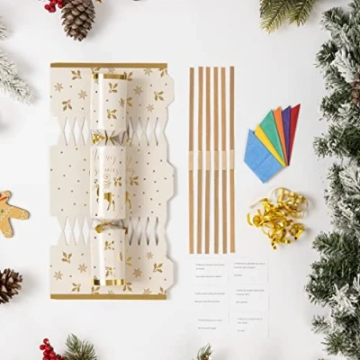 Image of evelay Make Your Own Christmas Cracker Kit Crackers Hats Snaps Jokes Rose Party Favours 12 Pieces (Gold Deer)