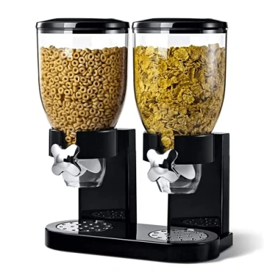 Image of Single/Double Plastic Dry Food &amp; Cereal Dispenser with Easy Twist Dial Accurate Portion Control Dispensing Tap for Foods Keeps Dry, Clean and Fresh by Crystals® (Double Black)