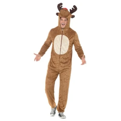 Image of Smiffys Reindeer Costume, Brown with Hooded Jumpsuit, Christmas Adult Fancy Dress, Animal Dress Up Costumes