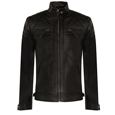 Image of Men&#039;s Vintage Black Leather Retro Jacket Classic Racing Quilted Biker Moto Fashion L
