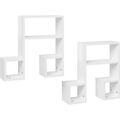 Image of vidaXL White Engineered Wood Wall Shelf: Music Note Design with Open Compartments, Suitable for Living Room, Bedroom 2 Pack