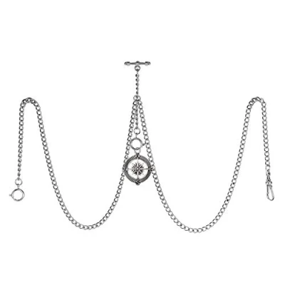 Image of TREEWETO Men&#039;s Double Albert Chain Pocket Watch Curb Link Key 3 Hooks with Antique Compass Silver Pendant Design Charm Fob T Bar