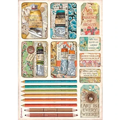 Image of Stamperia INTERNATIONAL, KFT Rice Paper Atelier Tubes of Paints and Pencils, Multicoloured, A4