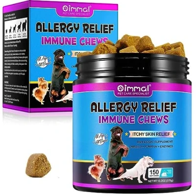 Image of Dog Allergy Relief Chews for Dogs 150pcs Soft Itch Immunity Treats Soothe Itchy Paws, Eyes, Ears, Skin Supports Seasonal Itching and Allergies Relief, Licking, Scratching. Duck Flavor.