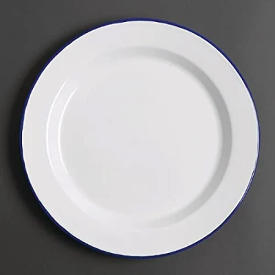 Image of Olympia Enamel White Blue Dinner Plate 300mm Restaurant Kitchen Tableware 6pc