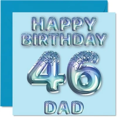 Image of 46th Birthday Card for Dad Blue Glitter Party Balloons Happy Cards 46 Year Old Father from Son Daughter, 145mm x Bday Greeting Gift