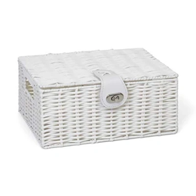 Image of ARPAN Small Resin Woven Storage Basket Box With Lid &amp; Lock White