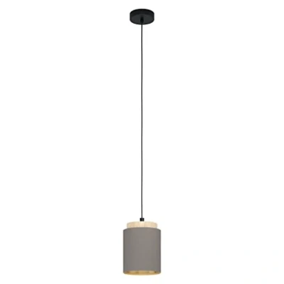 Image of EGLO Albariza Pendant Light, 1 Bulb Vintage Steel, Wood and Textile in Black, Natural, Cappuccino, Gold, Dining Table Lamp, Living Room Lamp Hanging with E27 Socket