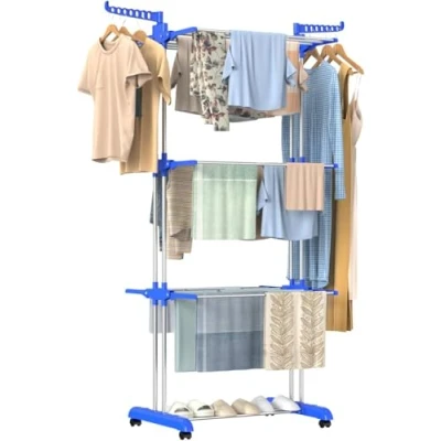 Image of Trendi 4 Tier Foldable Clothes Drying Rack/Poll Adjustable Hanger Large Stainless Steel Laundry Rack 360 Rotating Arms, Rolling Wheels, and Space for Indoor/Outdoor Use