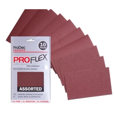 Image of ProDec Advance 10 Sheets Assorted Grades Proflex Ultra Flexible Crack Resistant Aluminium Oxide Abrasive Sanding Paper for Wood, Paint, Plaster, Filler, Metal &amp; More, 9&quot; x 5.5&quot;,230x140mm