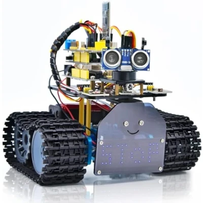 Image of KEYESTUDIO Mini Tank Robot V2 Smart Car Kit for Arduino, IR Infrared and App Remote Control (iOS Android), Light Ultrasonic Follow, 8X16 LED Panel, Obstacle Avoidance